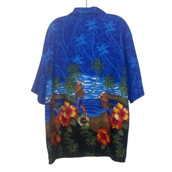 Pacific & Co Hawaiian Shirt Mens Large Blue Palm Parrots Button Front - Picture 2 of 7